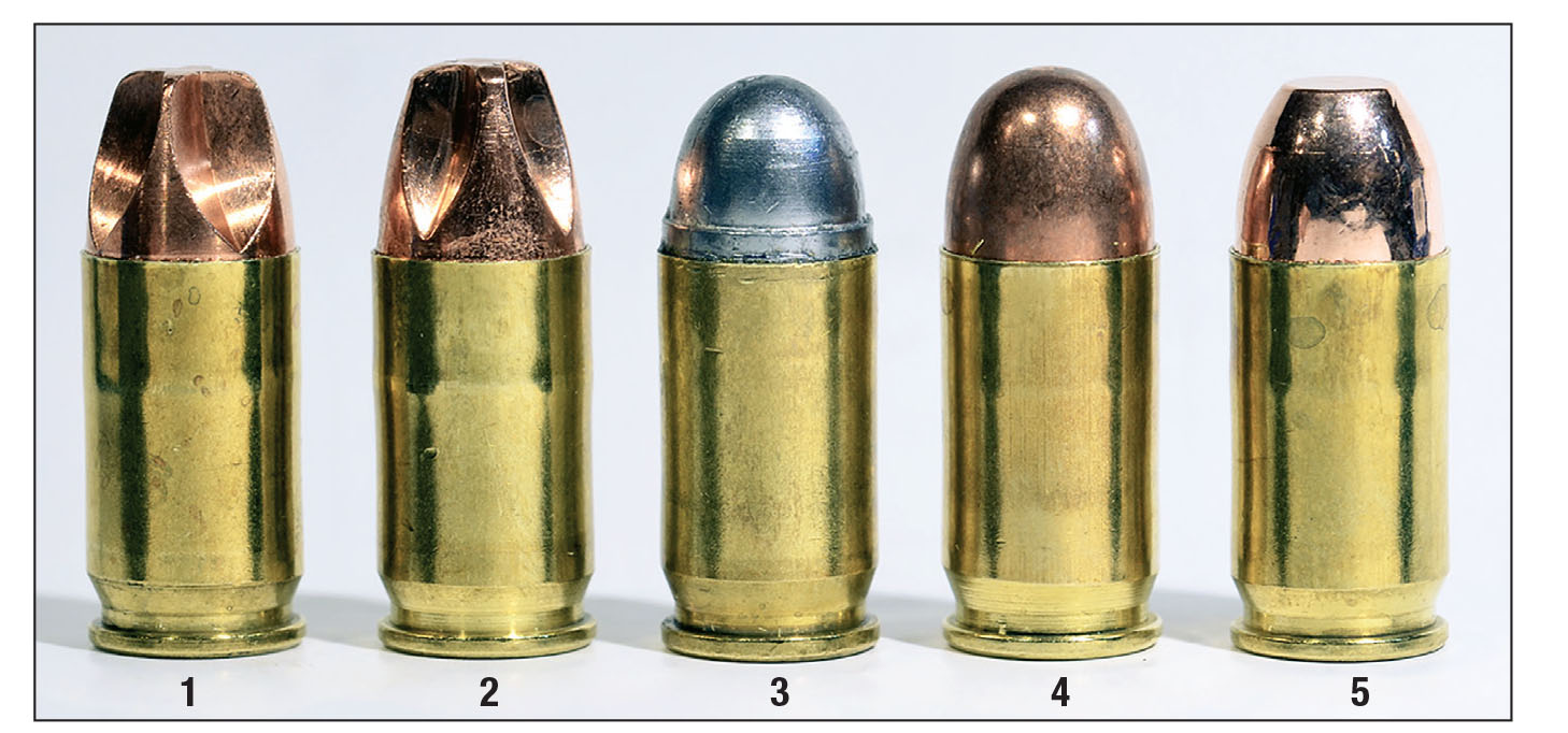Test loads, from left: (1) 65-grain Lehigh Xtreme Defense, (2) 90-grain Lehigh EFTM-XD, (3) 90-grain cast, (4) 95-grain Speer TMJ, (5) 100-grain X-TREME flatnose. With the .380 ACP, overall length (SAAMI standard: .984 inches) is critical in  ensuring reliable feeding and chambering.